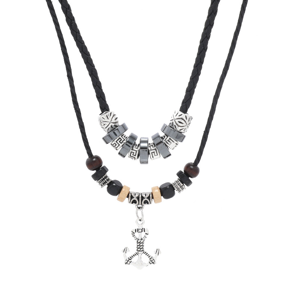 Wholesale Stylish Multilayer Beaded Leather Necklace With Anchor Pendant Retro Ethnic Men S Fashion Accessory