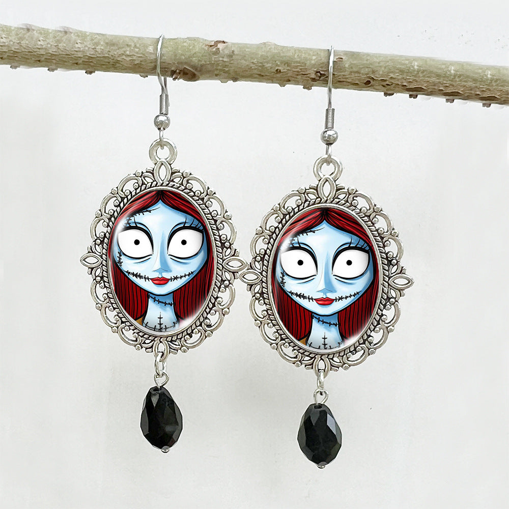 Wholesale Halloween Stainless Steel Ear Hook Oval Lace Metal Earrings ACCVIP-ES-XiangLian004