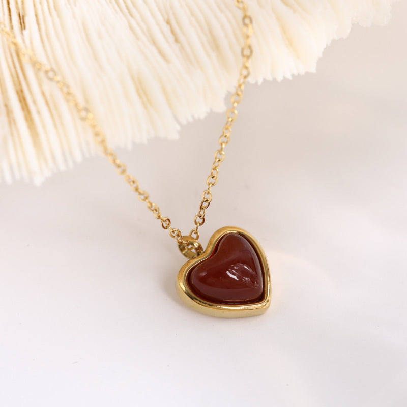 Wholesale Titanium Steel Natural Stone Red Agate Pendant Necklace Heart-Shaped Necklace Earrings