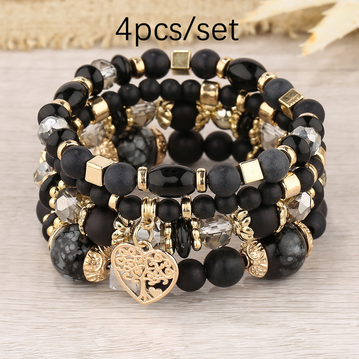 Wholesale Coffee Glass Bead Bohemian Bracelet Set Heart Pendant Tassel Jewelry