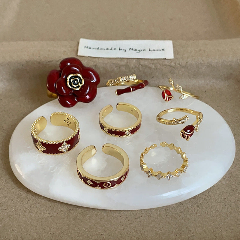 Wholesale  Red Oil Drop Flower Opening Ring