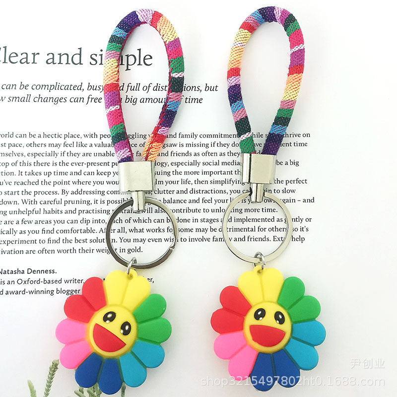 Wholesale cute double-sided colorful rainbow sunflower smiley face wristlet keychain