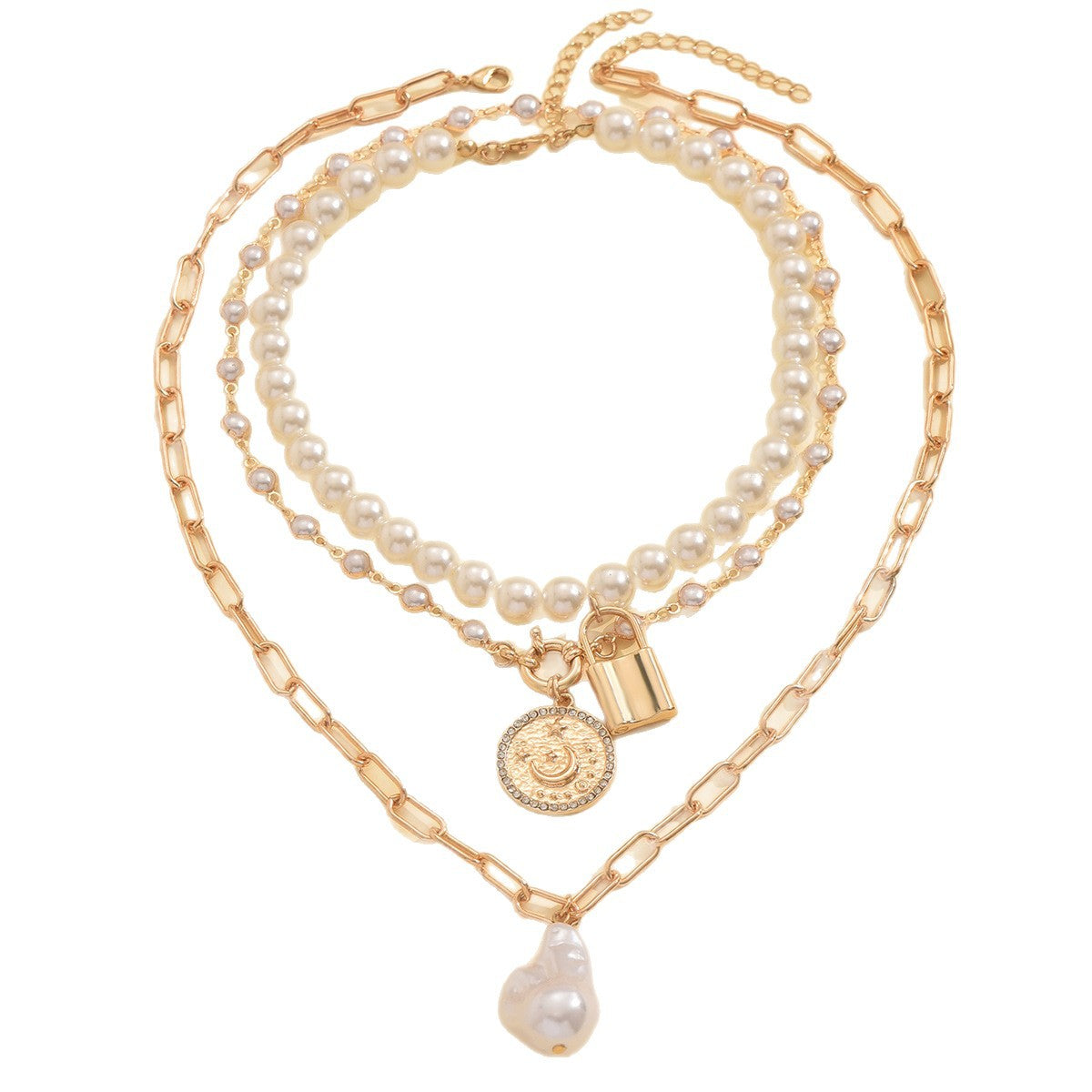 Wholesale retro star and moon gold coin lock pendant necklace