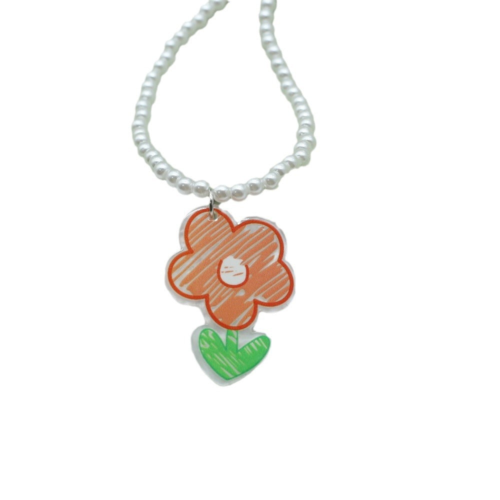 Wholesale  Colorful Acrylic Flower Smiley Tulip Pendant Pearl Beaded Necklace