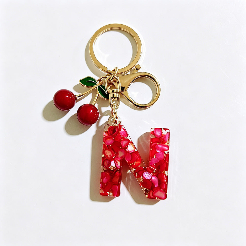 Wholesale Stylish Letter Keychain With Cute Cherry Pendant Plastic Bag Charm And Car Key Accessory Gift