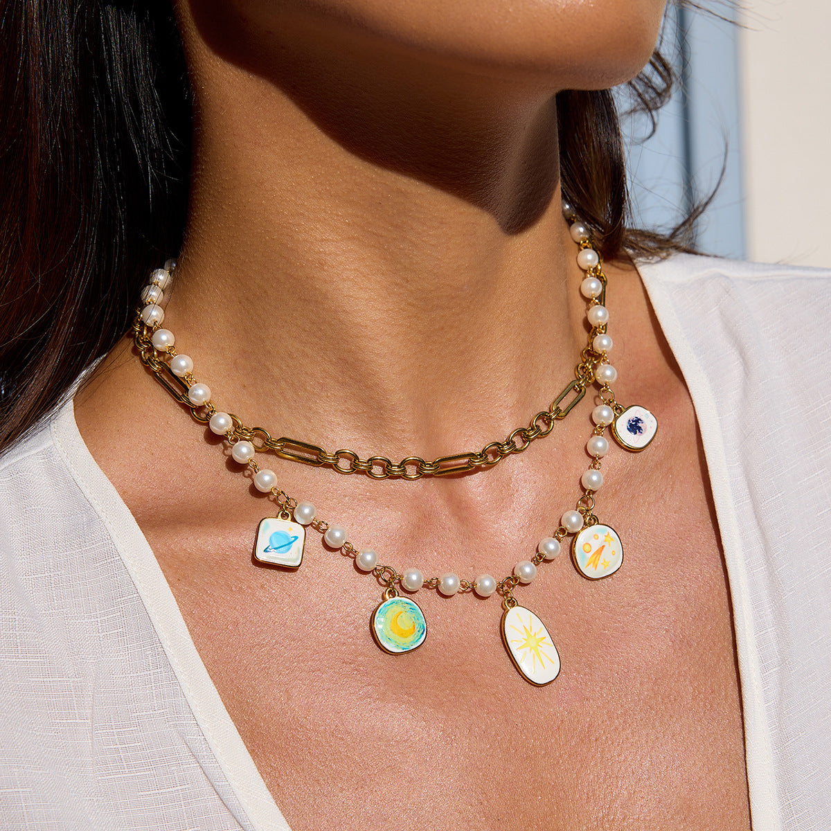 Wholesale 18K Gold Stainless Steel Oil Drop Print Glass Pearl Curved Needle Pendant Necklace