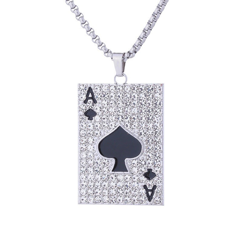 Wholesale Diamond-Encrusted Playing Card Necklace Pendant,  Hip-Hop Style Alloy Jewelry,  Trendy Accessory for Men and Women