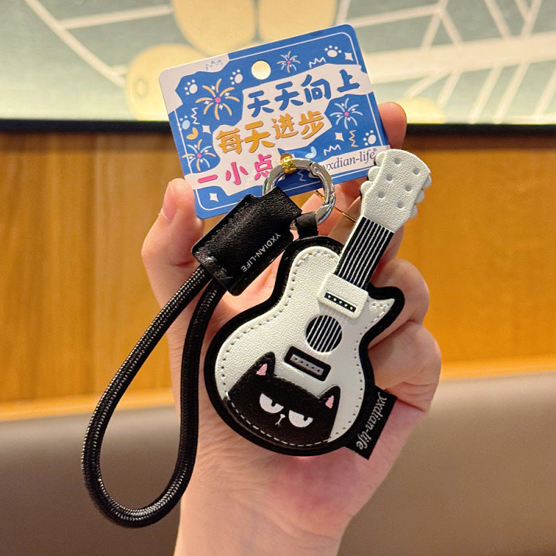 Wholesale Leather Cat Guitar Keychain Decorative Accessory Music Lover Gift With Anti Counterfeit Card