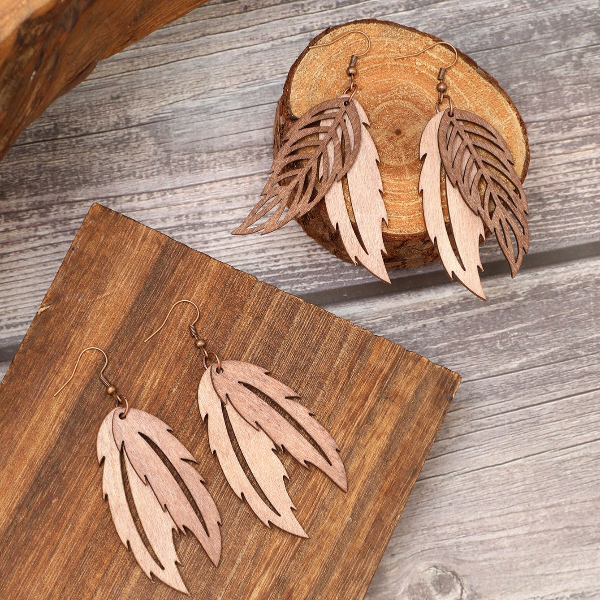 Wholesale  Retro Feather Leaf Shape Wooden Earrings