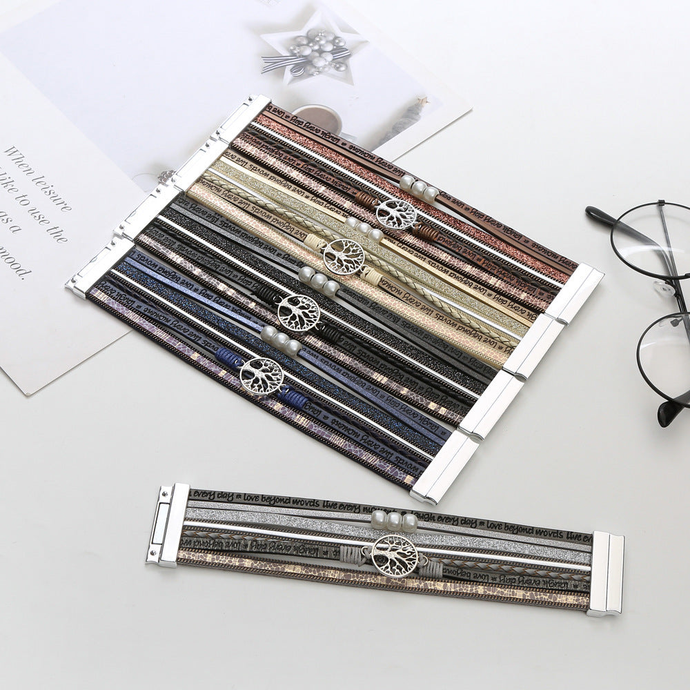 Wholesale Hand Woven Leather Hollow Tree of Life Multilayer Bracelet