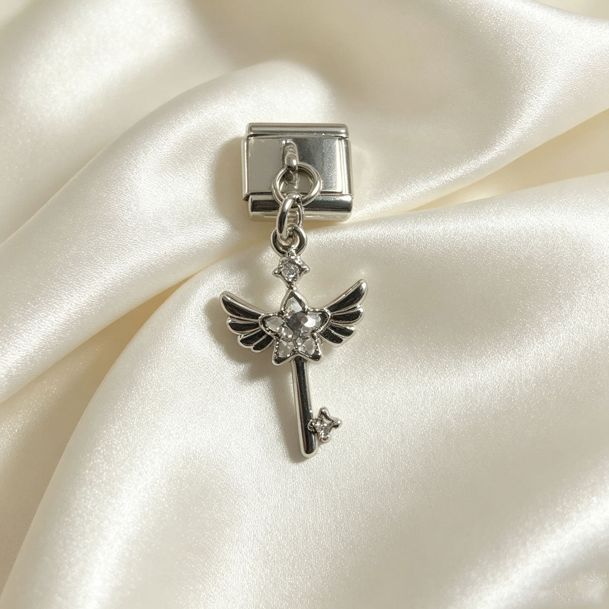Wholesale DIY Rhinestone Wing Key Pendant Multicolor Square Bracelet Charm Accessory Stainless Steel Jewelry Making Craft Supply For Resale