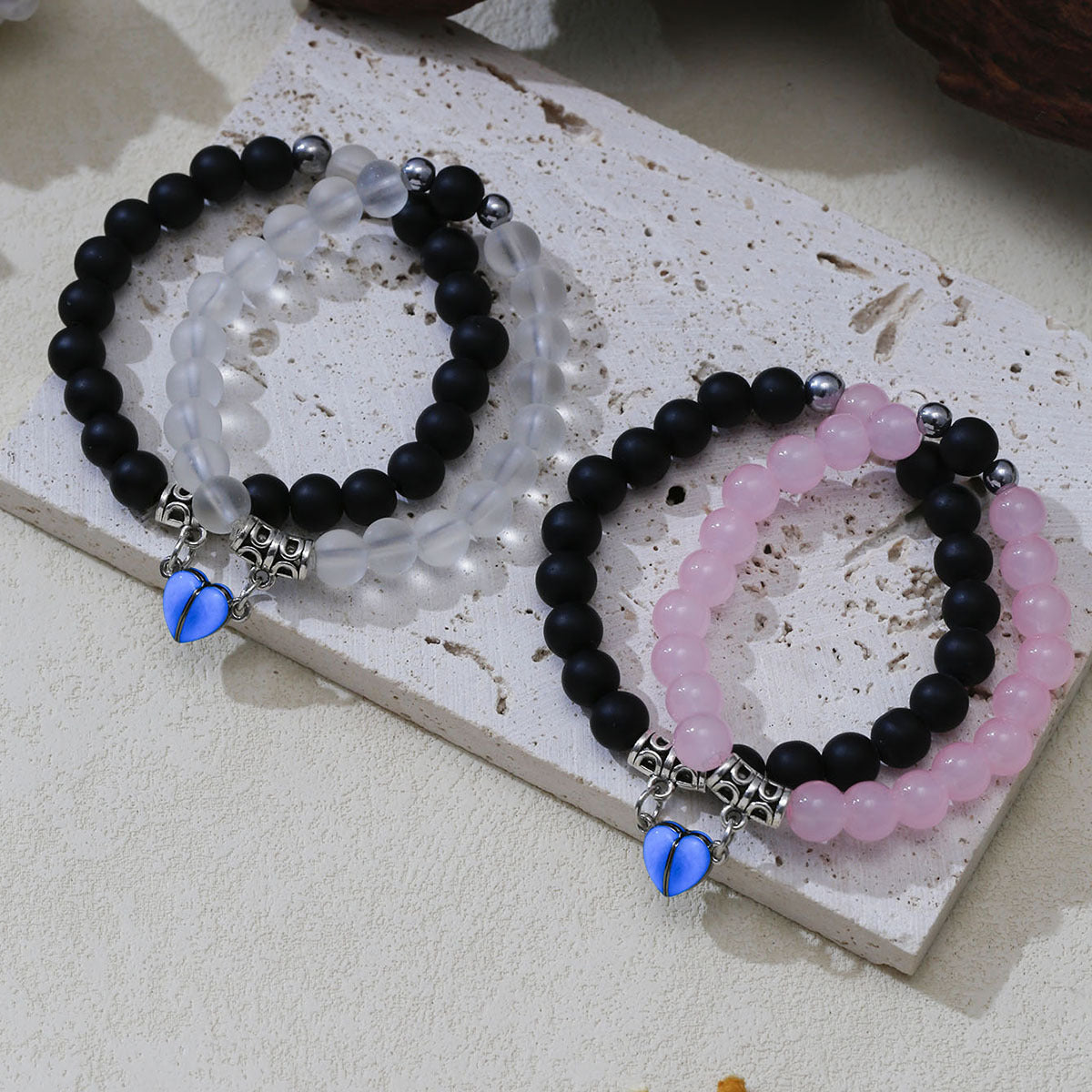 Wholesale Valentine's Day Pink Beaded Love Heart Blue Magnet Bracelet