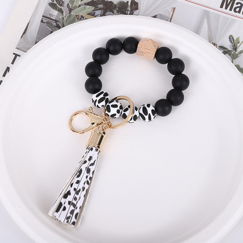 Wholesale Trendy Silicone Bead Bracelet With Tassel Wooden Bead Keychain Natural Geometry Style Chic Jewelry Accessory Gift