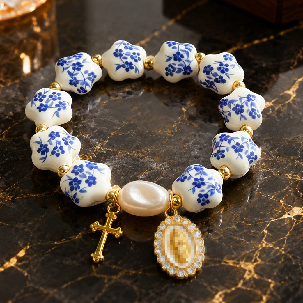 Wholesale Vintage Blue and White Porcelain Ceramic Bracelet Cross Pendant Bow Fashion Jewelry Gift
