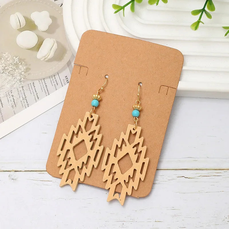 Wholesale Bohemian Hollow Wooden Earrings Diamond Pendant  Earrings