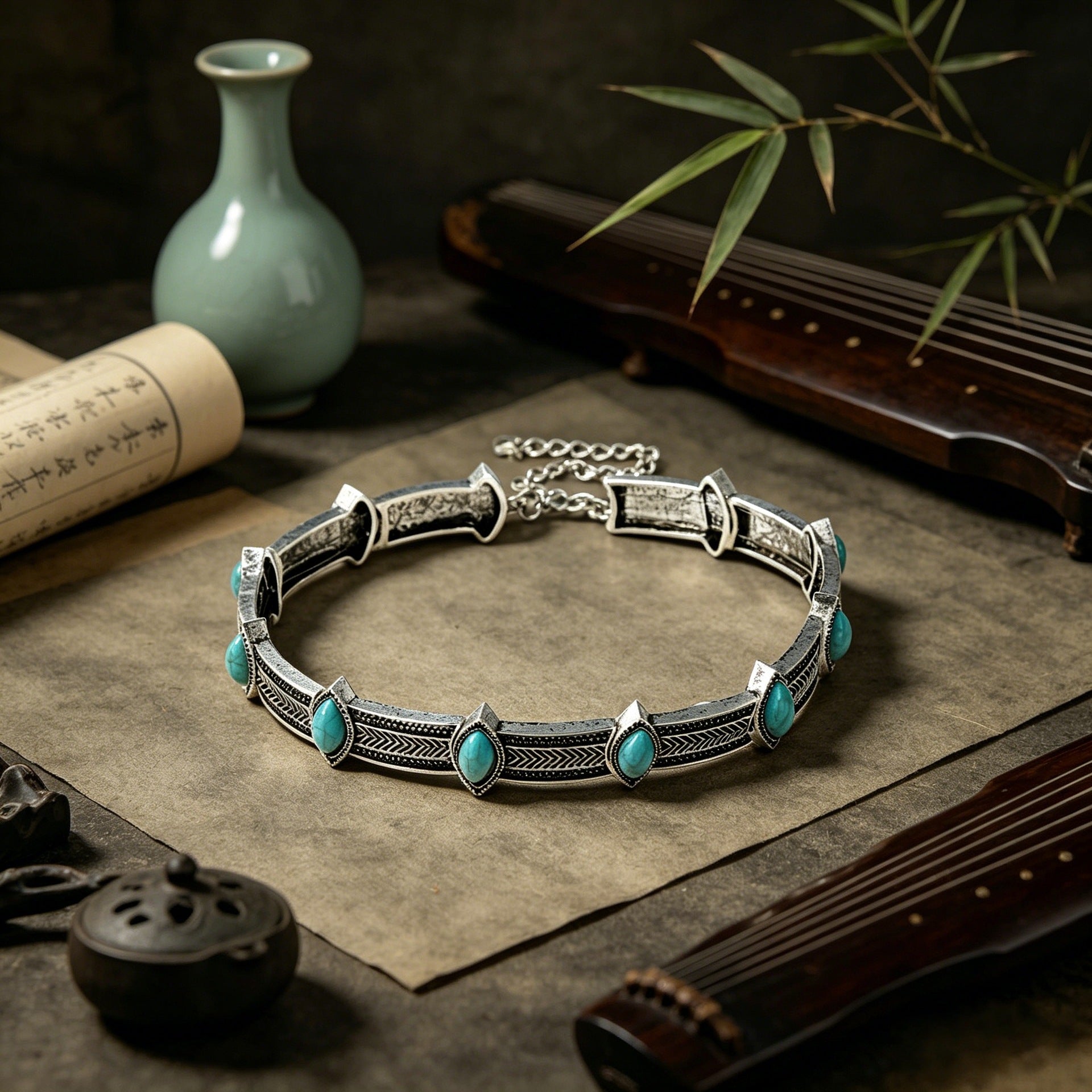 Wholesale Electroplated Alloy Turquoise Clavicle Chain Necklace Retro Ethnic Geometric Style Stylish Gift