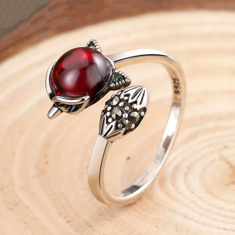 Wholesale Chalcedony Pomegranate Red Vintage Fox Open Adjustable Ring