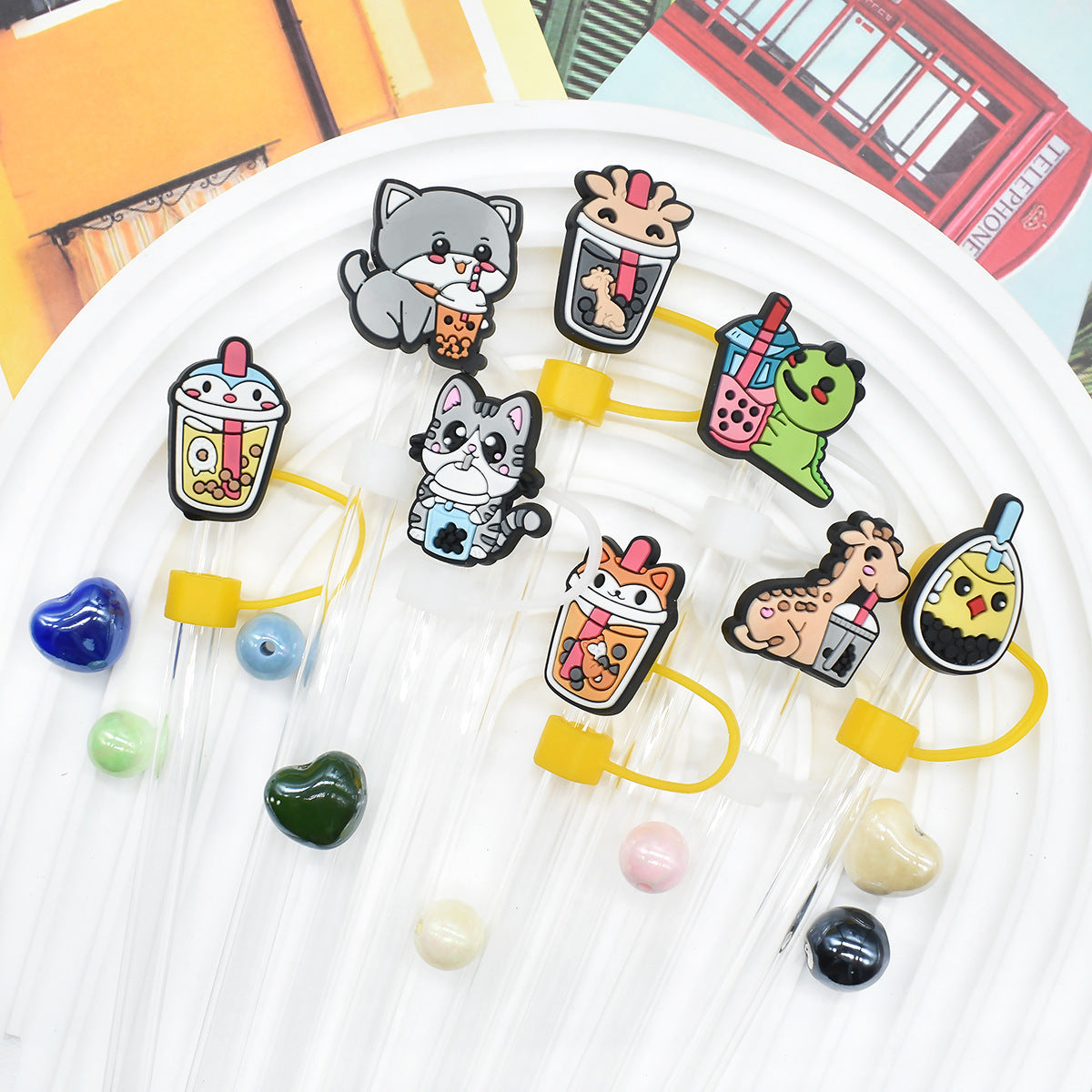 Wholesale Random 100pcs Cartoon Animal Milk Tea Cup 10mm PVC Soft Straw Tube Cap ACC-SCR-RYY084