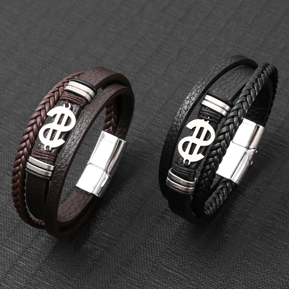 Wholesale Stylish Multi Layer Woven Faux Leather Bracelet For Men Punk Style With Titanium Steel Buckle Unisex Jewelry Accessory