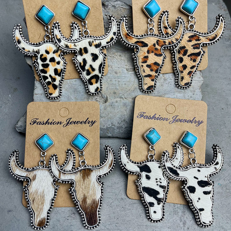Wholesale 2PCS/ Pack Leather Western Style Horse Hair Turquoise Bull Head Earrings
