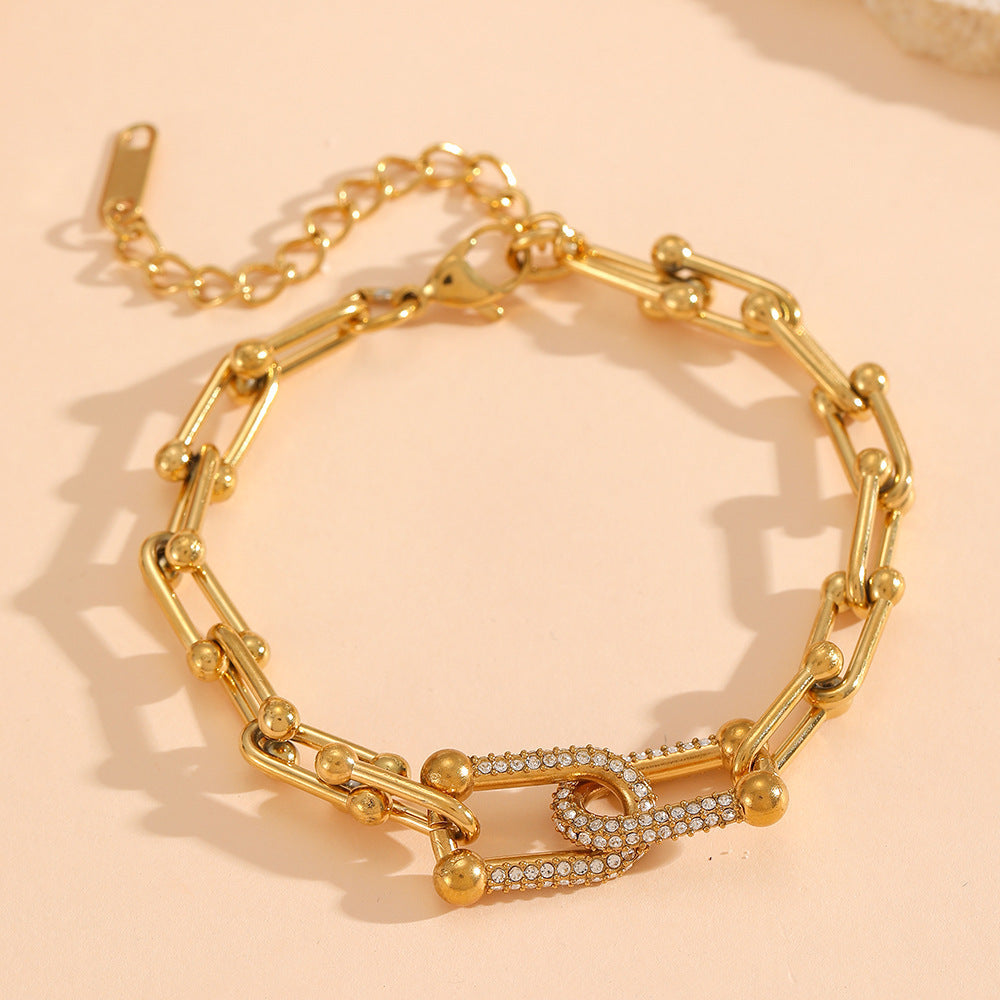 Wholesale Cross-Border Horseshoe Titanium Steel Bracelet with a High-End Feel and Diamond Inlays Ins Stainless Steel Bracelet Set