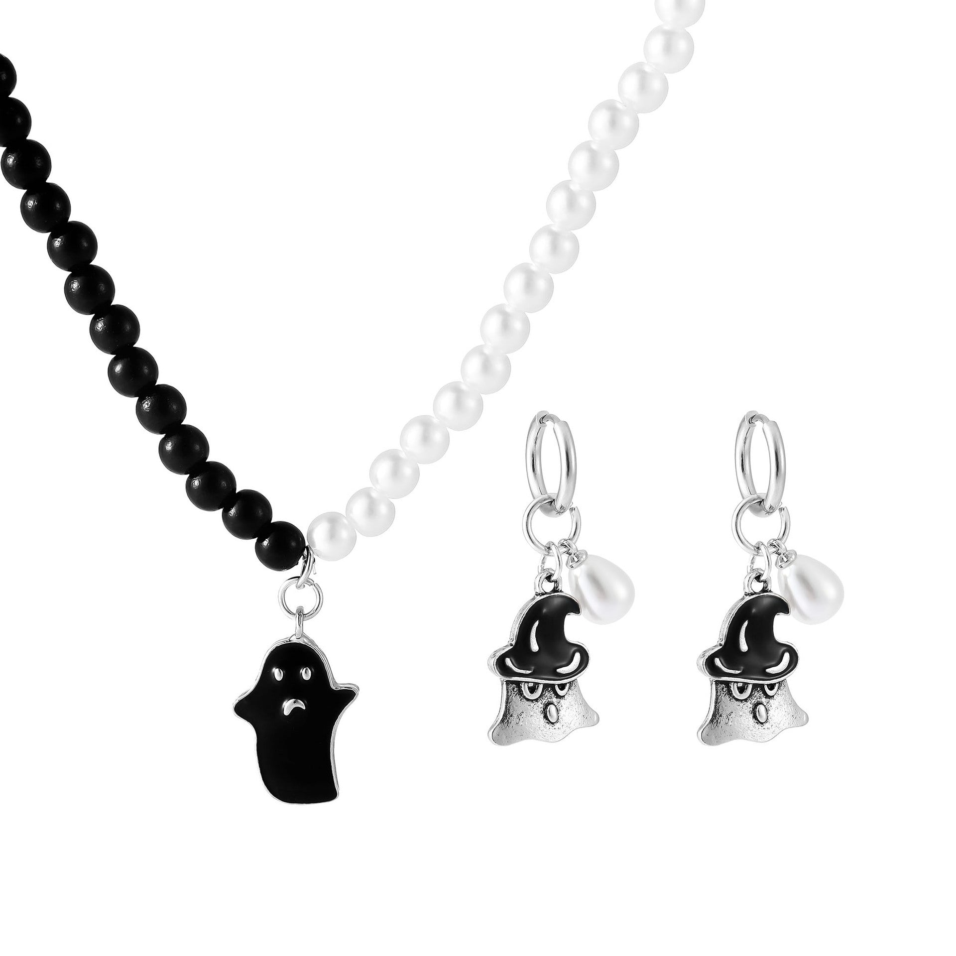 Wholesale Halloween jewelry oil drop ghost black and white pearl necklace earrings set