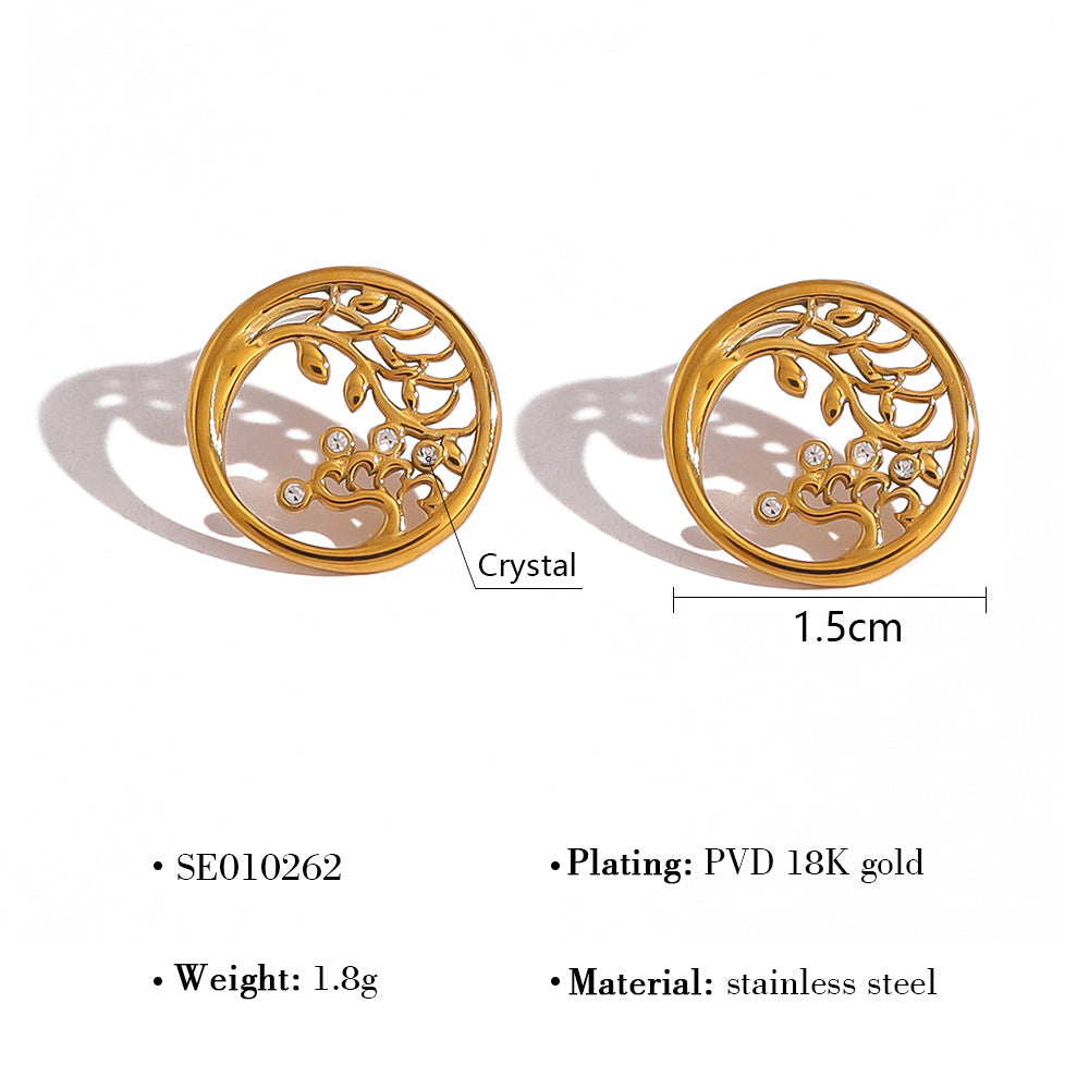 Wholesale Stainless Steel Hollow Tree of Life Diamond Earrings