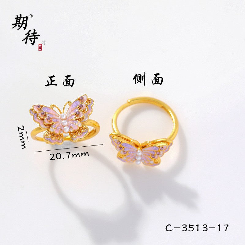 Wholesale Butterfly Ring Blue Gradient Enamel Pearl Antique Gold Finish Fashion Jewelry Accessory