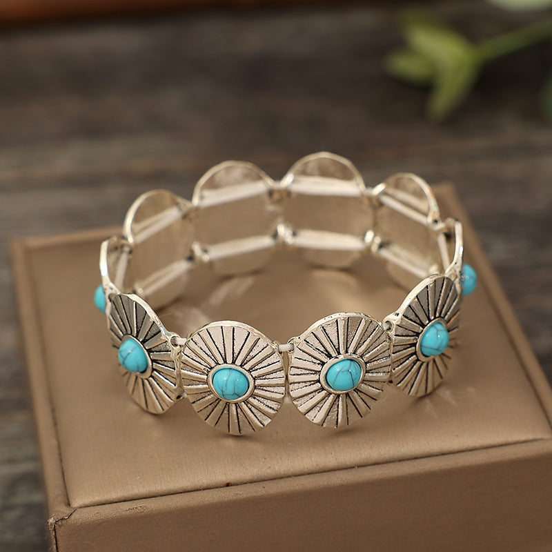 Wholesale Retro Turquoise Western Style Stretch Bracelet Silver Tone Alloy Jewelry Boutique Resale Gift