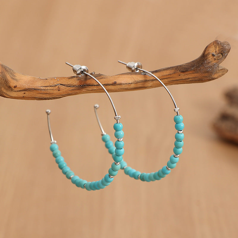 Wholesale Bohemian Retro Turquoise Beaded C-Shaped Earrings Electroplated Alloy Fashion Accessory