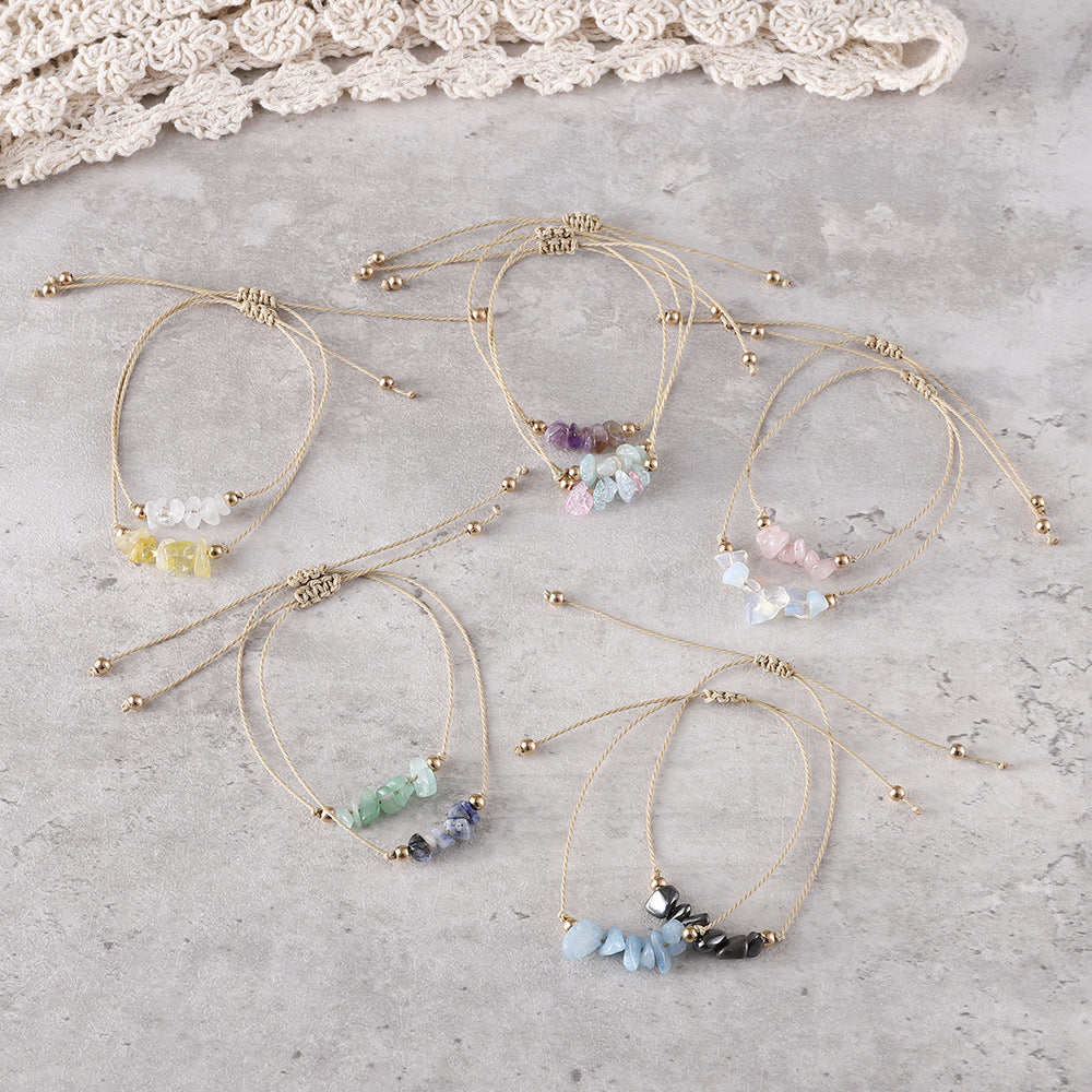 Wholesale Bohemian colorful irregular natural stone gravel adjustable handmade woven bracelet