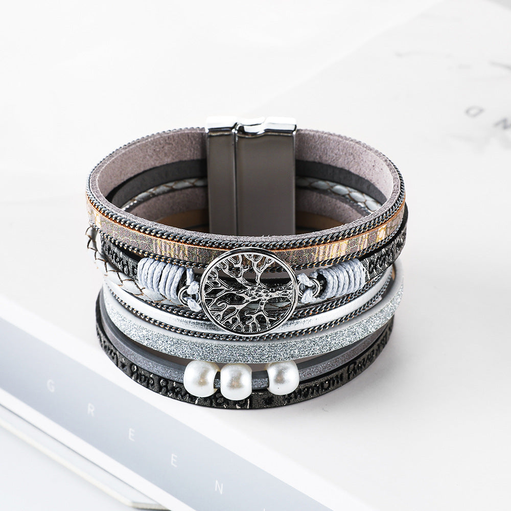 Wholesale Hand Woven Leather Hollow Tree of Life Multilayer Bracelet