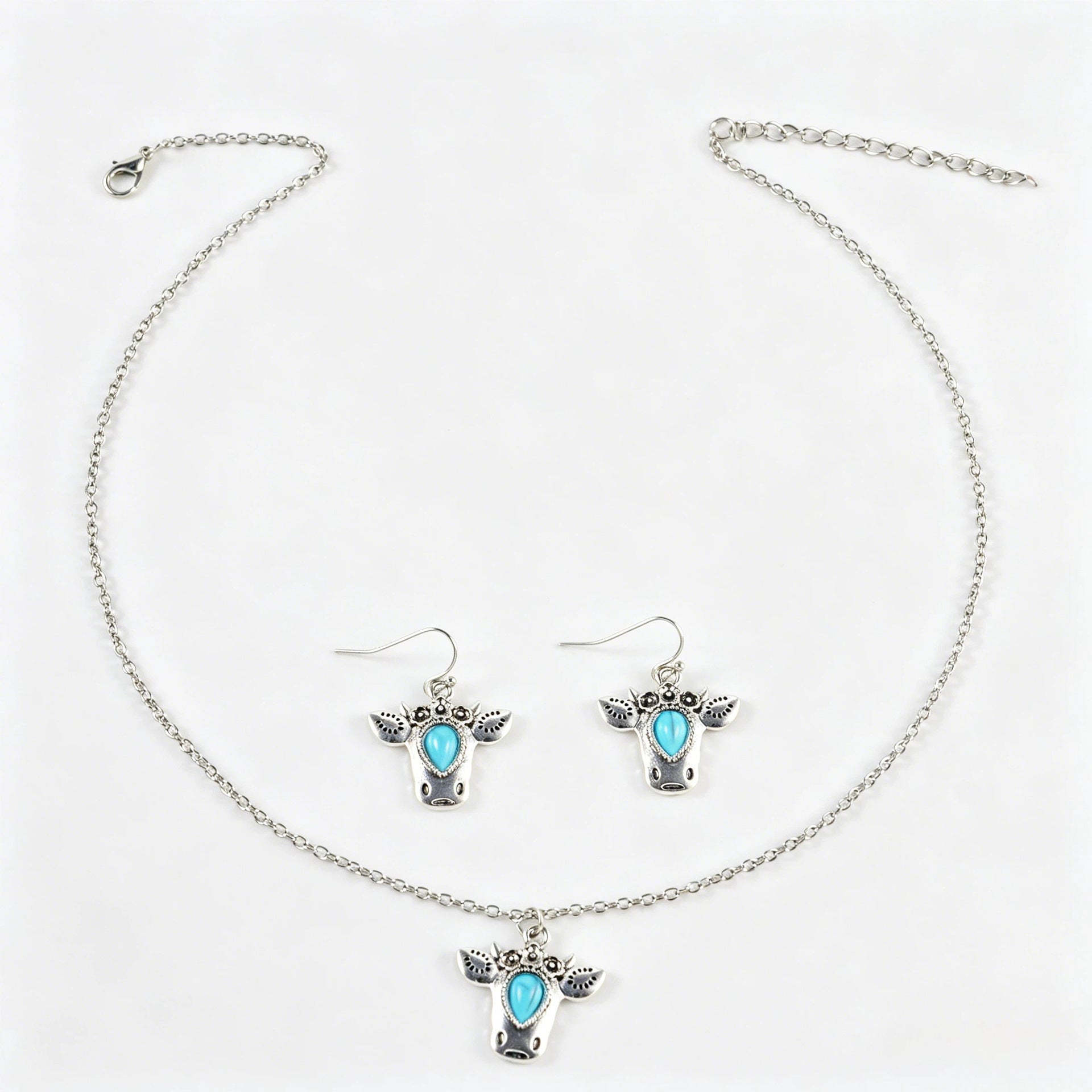 Wholesale Electroplated Zinc Alloy Turquoise Bull Head Pendant Necklace Earrings Set Bohemian Retro Everyday Wear