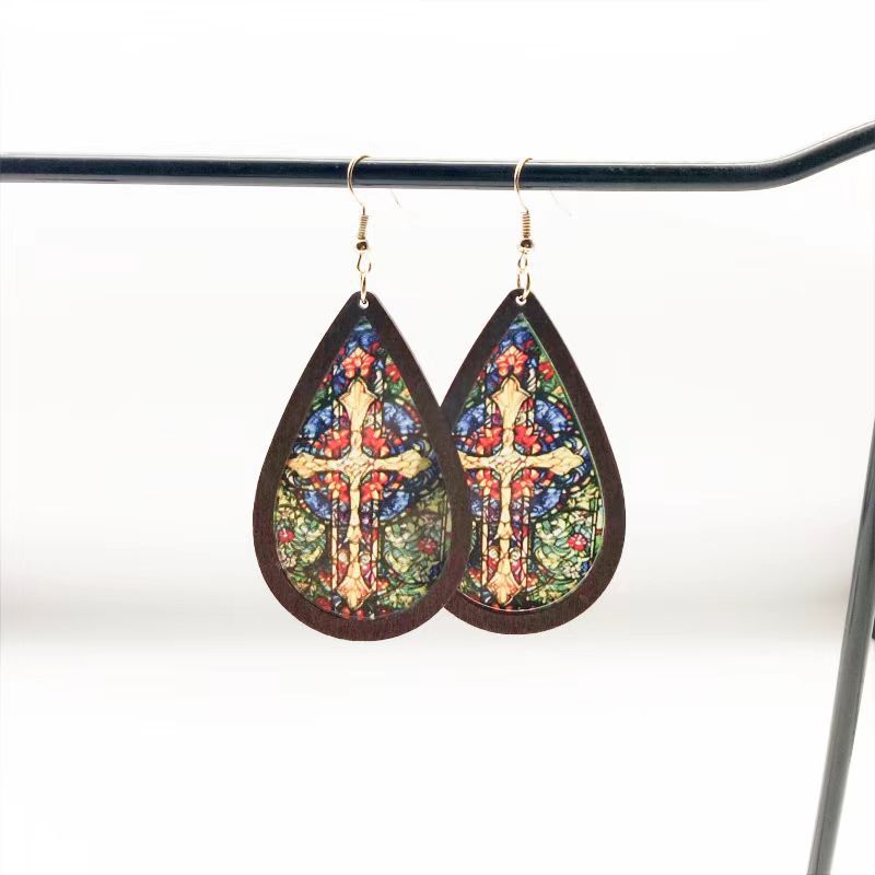 Wholesale teardrop shaped inlaid acrylic church color print earrings