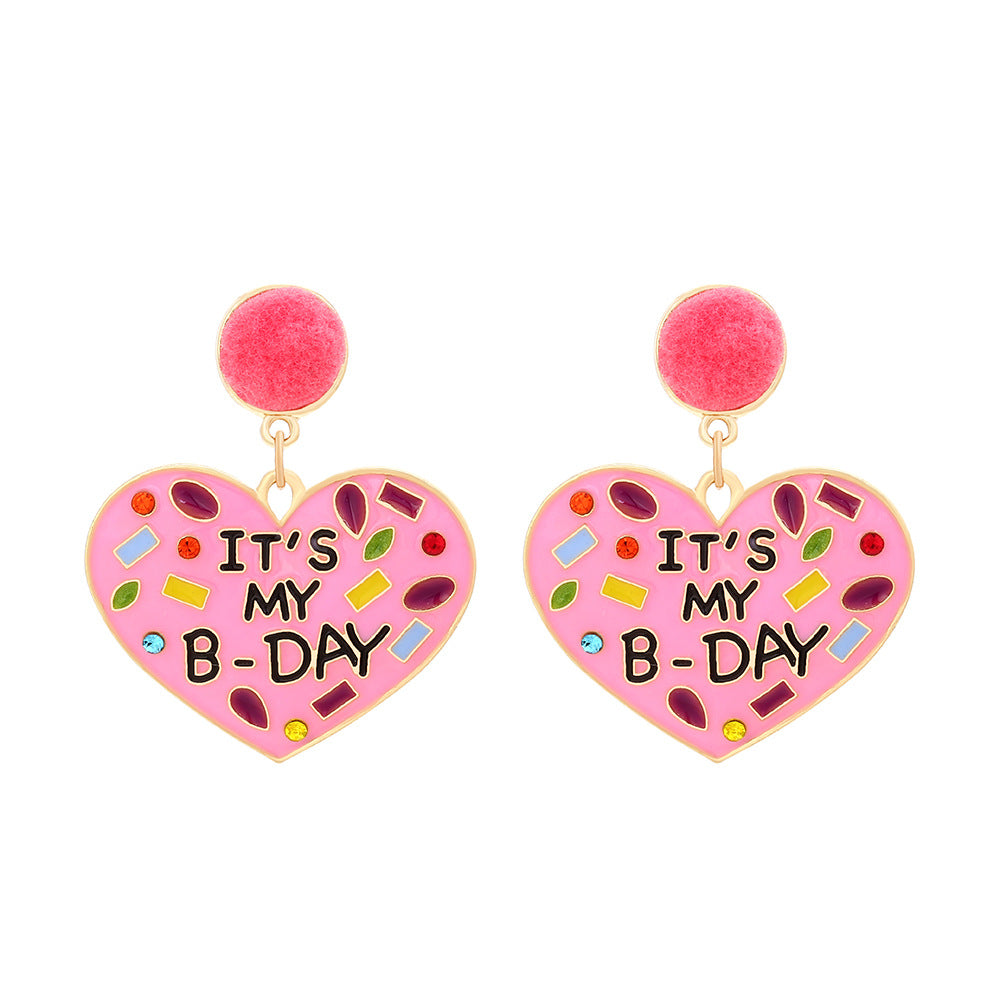 Wholesale My Birthday Colorful Diamond Enamel Heart-shaped Pom-pom Zinc Alloy Earrings ACC-ES-ManY003