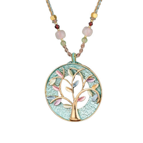 Wholesale  Color Painting Oil Hollow Life Tree Woven Rope Long Pendant Necklace