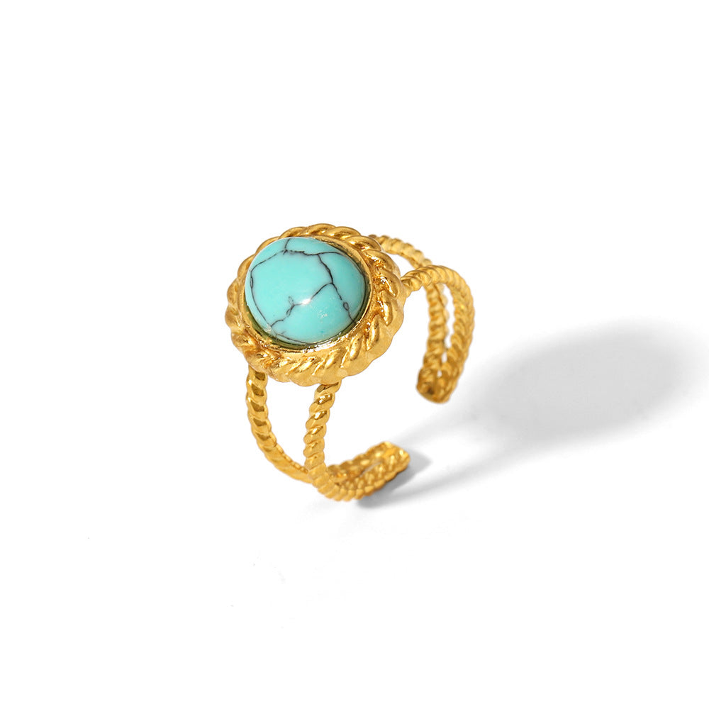 Wholesale Vintage Turquoise Open Ring Gold Plated Titanium Steel Fashion Jewelry Accessory
