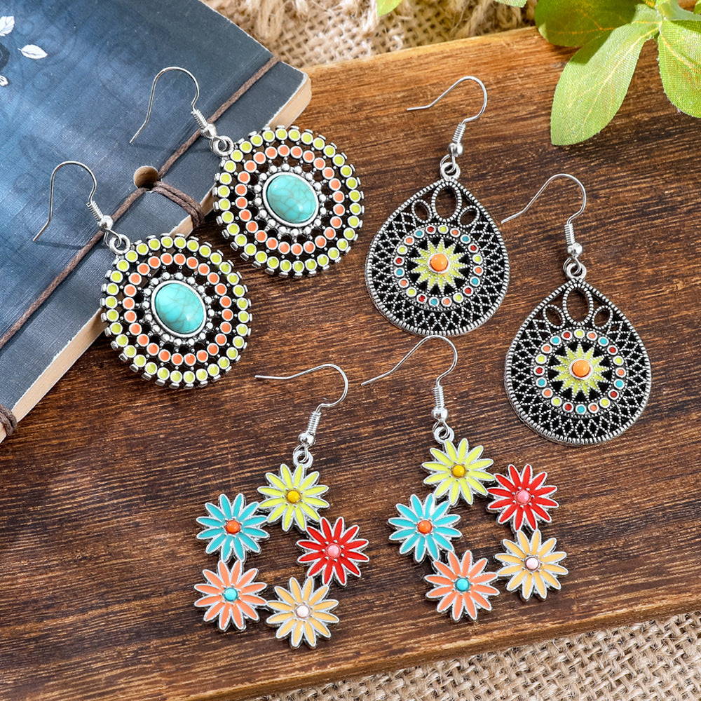 Wholesale Alloy Retro Ethnic Turquoise Bohemian Geometric Oil Drip Earrings Jewelry Accessory