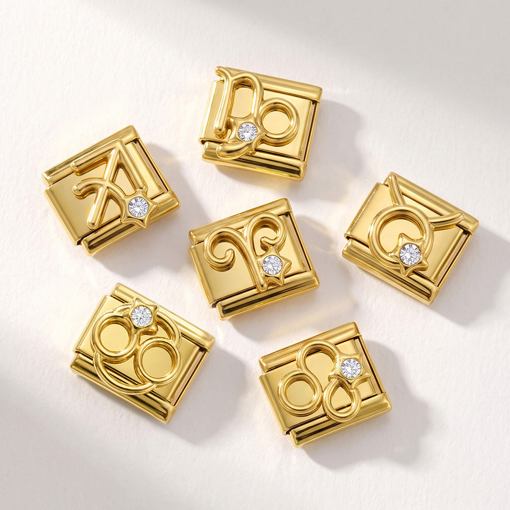 Wholesale Gold Tone 3D 12 Zodiac Stainless Steel Modular Stretch Bracelet DIY Jewelry Accessory For Boutique Resale