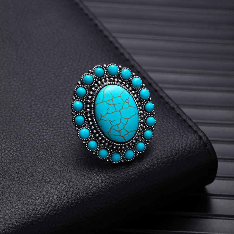Wholesale Retro Bohemian Silver Flower Imitation Turquoise Ring - Fashion Accessory for Boutique Resale