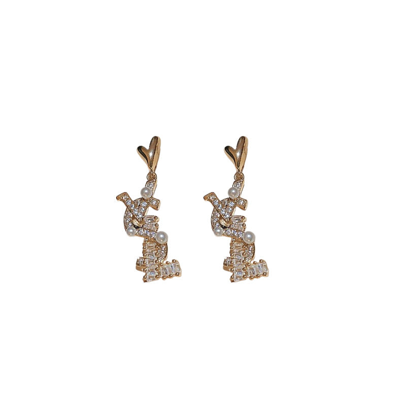 Wholesale Real Gold Silver Needle Zircon Letter Pearl Earrings