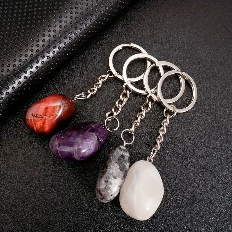 Wholesale Chic Natural Crystal Gemstone Keychain Amulet Pendant Stainless Steel Keyring Bag Charm Jewelry Accessory