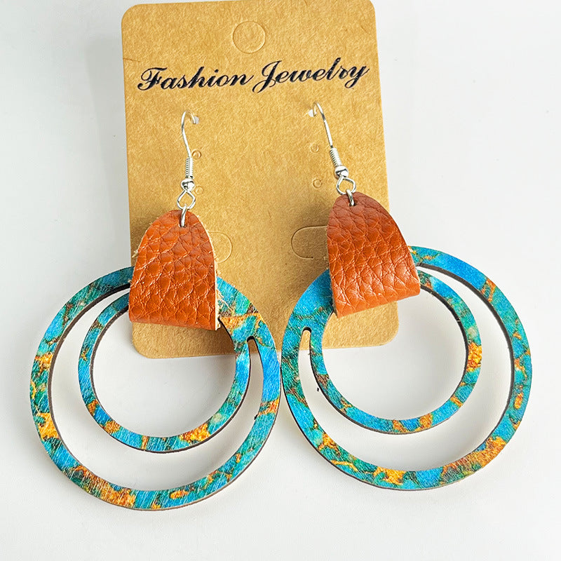 Wholesale 2 Pairs/pack Bohemian Vintage Distressed Genuine Leather Texture Mother's Day Wooden Earrings ACC-ES-HY077