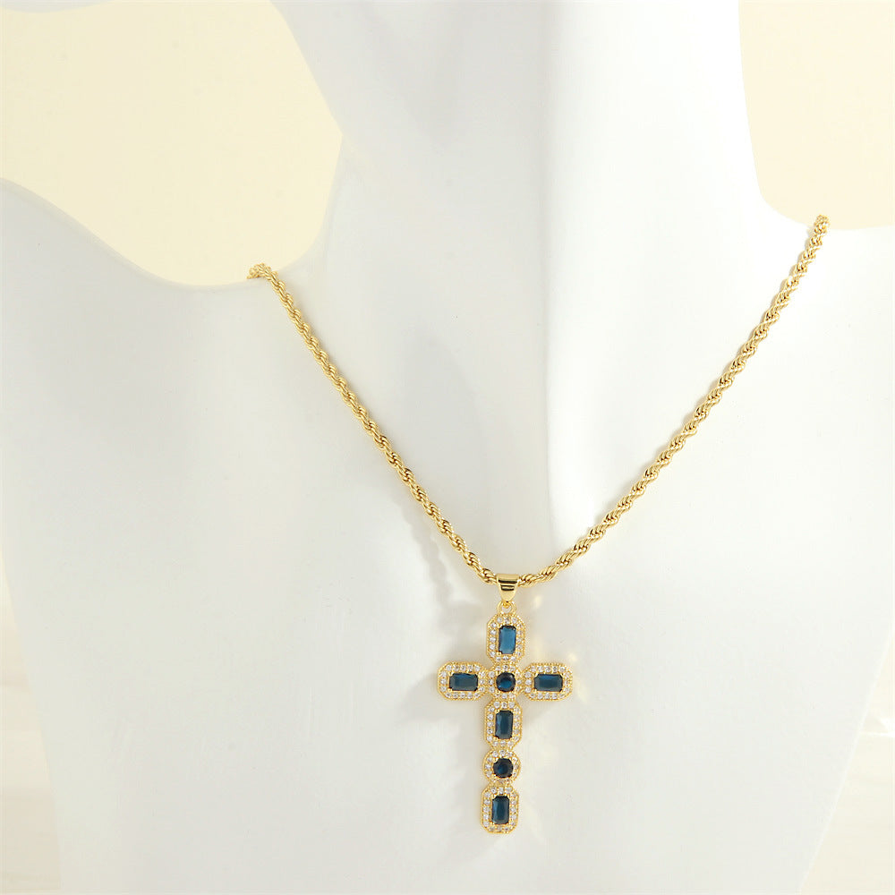 Wholesale Micro-inlaid colored zirconium cross necklace electroplated 18K gold clavicle chain jewelry