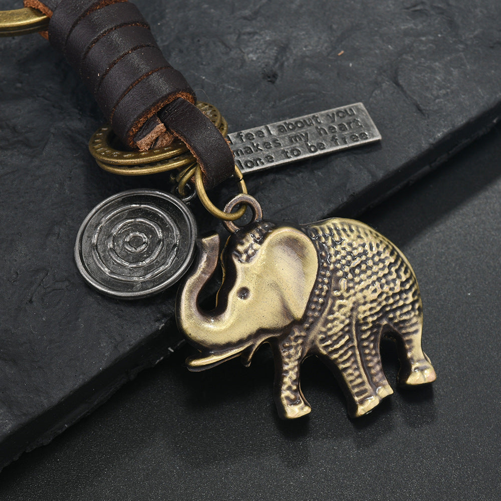 Wholesale  Alloy Bronze Elephant Retro Woven Cowhide Pendant Keychains