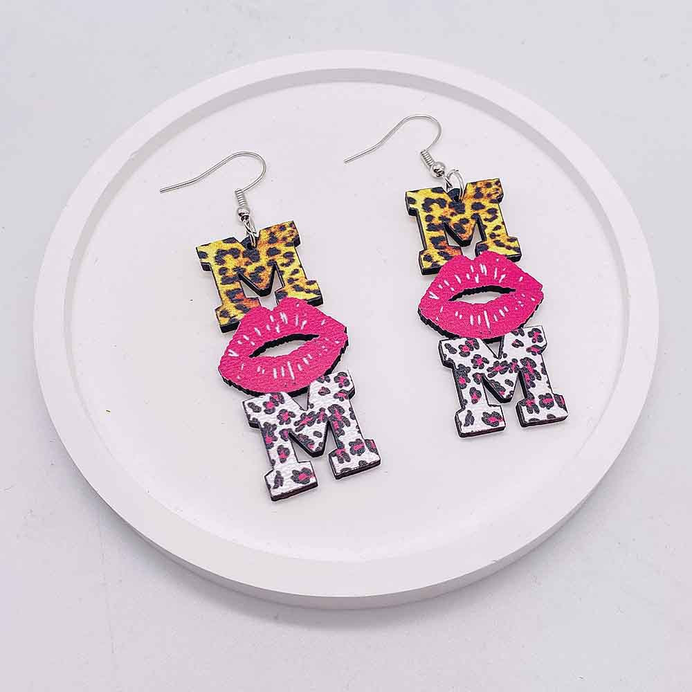 Wholesale Mother's Day MOM wooden earrings leopard print pink lips printed pendant earrings