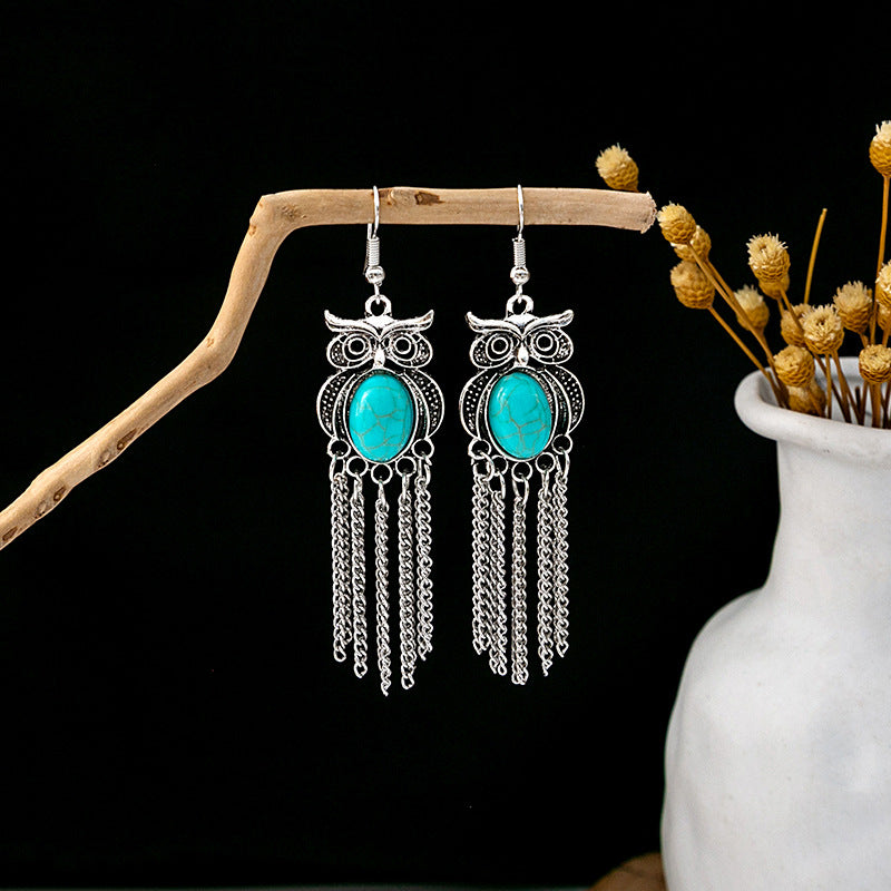 Wholesale retro ethnic style hollow flower tassel turquoise owl alloy earrings ACC-ES-MDD009