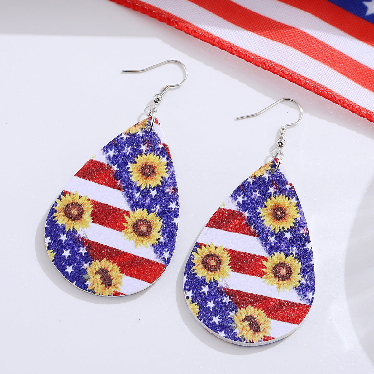 Wholesale Independence Day Red, White and Blue American Flag Flower Double-Sided Earrings