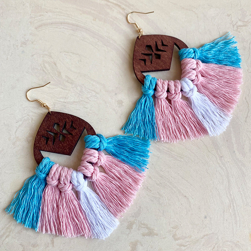 Wholesale 2 Pairs/pack LGBT Rainbow Chess Handwoven Bohemian Tassel Earrings ACC-ES-HY030