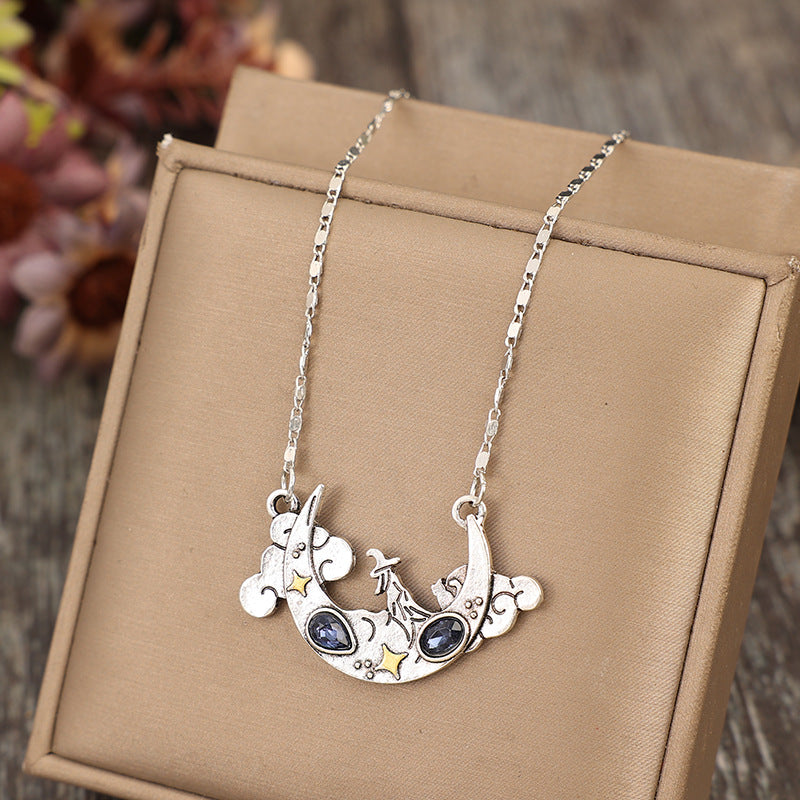 Wholesale Retro style crescent-shaped carved star cloud cat alloy Bohemian necklace